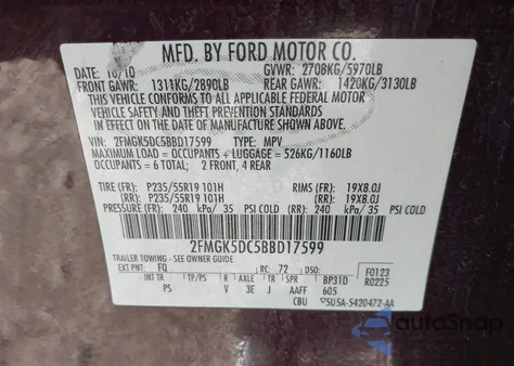 2011 Ford Flex Limited из США, поврежденный, VIN 2FMGK5DC5BBD17599